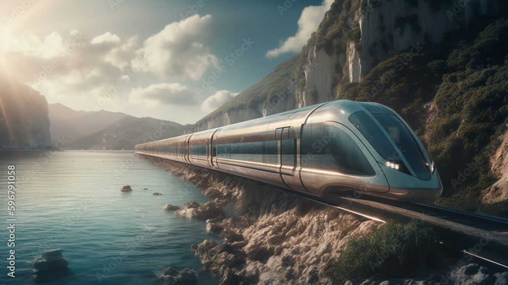 A modern train against the backdrop of a beautiful landscape. nature in the background