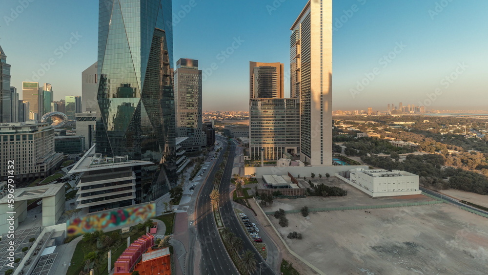 Panorama showing Dubai International Financial district aerial timelapse. View of business and financial office towers.
