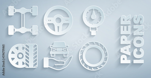 Set Auto service check automotive, Tire pressure gauge, Car tire wheel, Steering and Chassis car icon. Vector