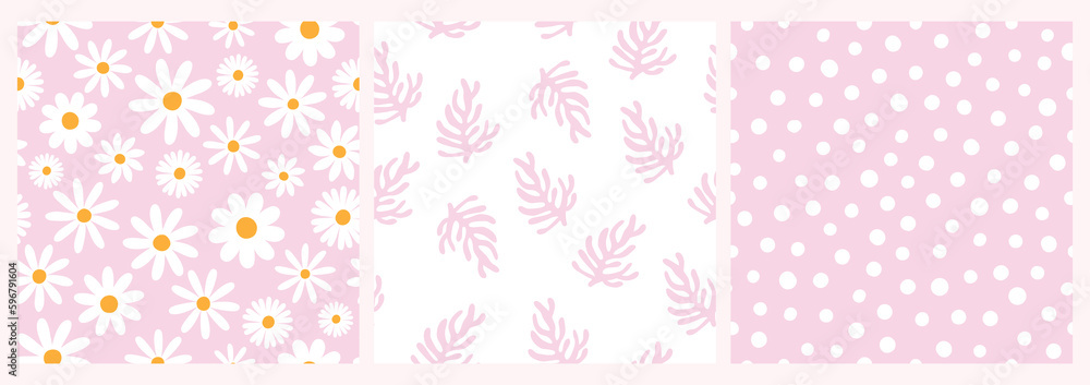 Abstract contemporary seamless patterns, floral modern design, daisy flowers, aesthetic backgrounds, wallpapers set, modern minimalist decoration, pink colors Abstract contemporary seamless patterns, floral modern design, daisy flowers, aesthetic backgrounds, wallpapers set, modern minimalist decoration, pink colors