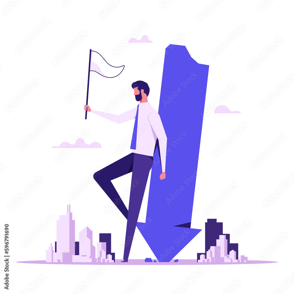 Fototapeta premium Surrender on business battle, time to quit or stop failed company concept, sad businessman waving white flag metaphor of surrendering or giving up on work and business