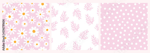 Abstract contemporary seamless patterns, floral modern design, daisy flowers, aesthetic backgrounds, wallpapers set, modern minimalist decoration, pink colors