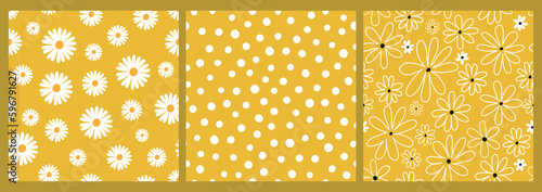 Abstract contemporary seamless patterns set with daisy flowers, modern wall decor, wallpaper, backgrounds for summer inspiration 