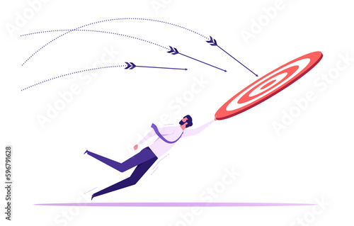 Businessman holding big target and try to achieve a target goals, control to reach goal, aiming or motivation concept