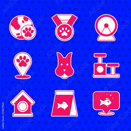 Set Dog, Food for fish, Fish, Cat scratching post with toy, house, Location veterinary hospital, Hamster wheel and World pet icon. Vector