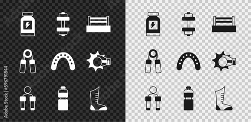 Set Energy drink, Dumbbell, Boxing ring, Jump rope, Fitness shaker, Sport boxing shoes, expander and Mouth guard boxer icon. Vector