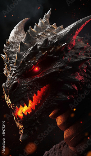 Fantasy dragon art for gaming cover art. Isolated on black background. Dragon head with smoke. Red and black color. Ai generated artwork