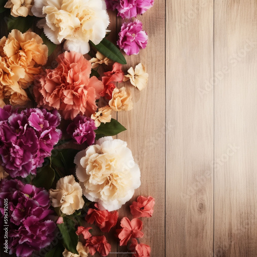 A wood background topped with lots of beautiful flowers. blank space. Abstract natural floral layout with text space and copy space. Wedding invitation. Women, Mother's Day ai-generated