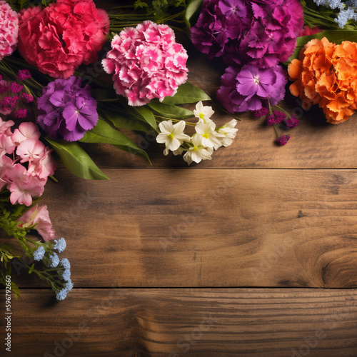 A wood background topped with lots of beautiful flowers. blank space. Abstract natural floral layout with text space and copy space. Wedding invitation. 
 Women, Mother's Day ai-generated