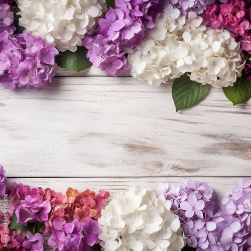 A white wood background topped with lots of beautiful white, pink and violet flowers , blank space and text space. Abstract natural floral layout with text space and copy space. Wedding invitation. In