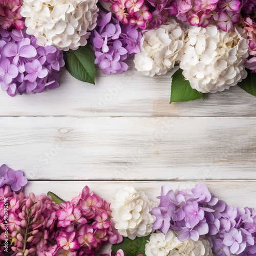 A white wood background topped with lots of beautiful white, pink and violet flowers , blank space and text space. Abstract natural floral layout with text space and copy space. Wedding invitation. In