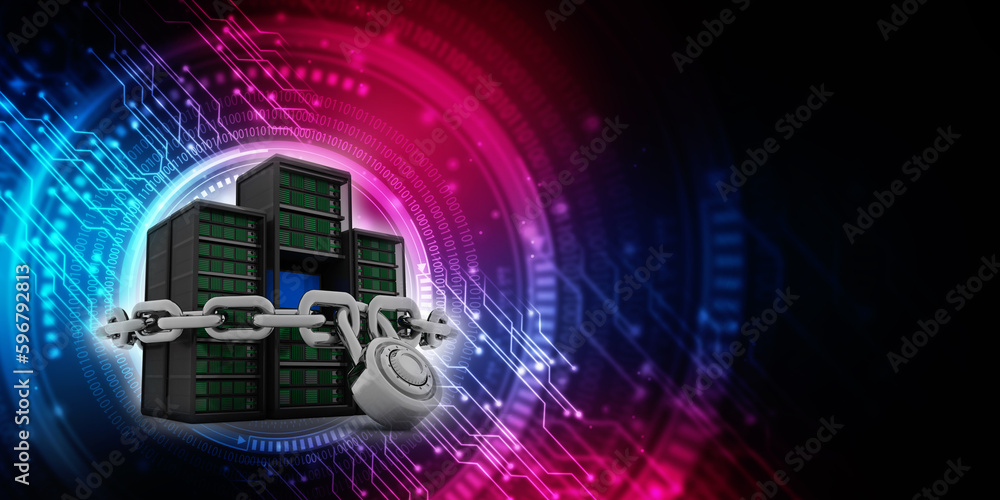 3d illustration Data center server protection lock