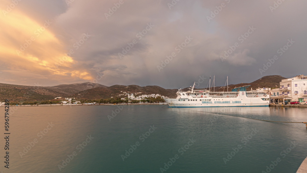 Naklejka premium Panorama of Amorgos island evening timelapse. Greece