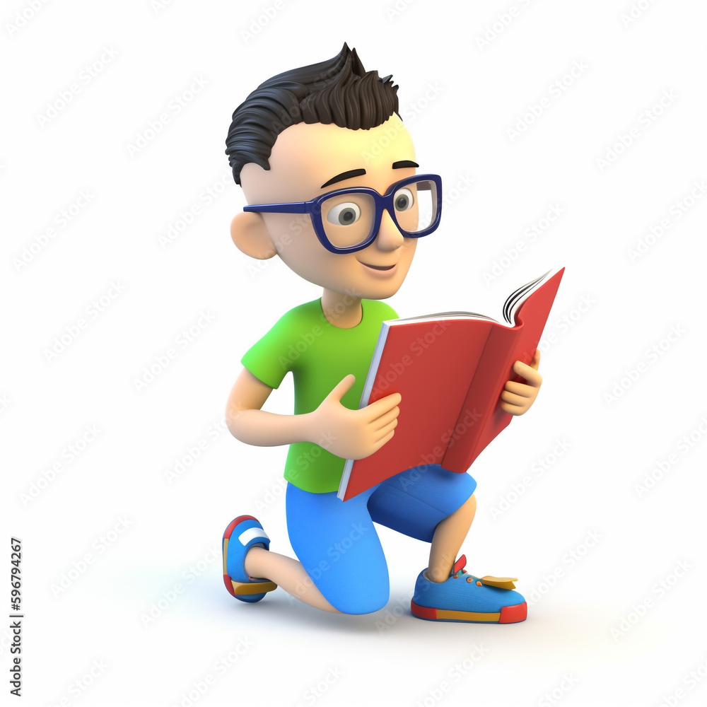 3D illustration of a boy reading a book created with generative AI 3D illustration of a boy reading a book created with generative AI