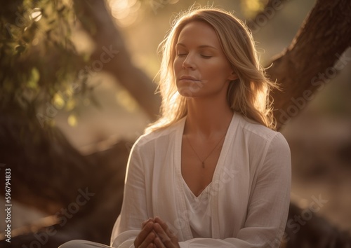 Blonde Woman Meditating in Forest