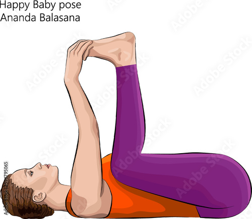 Young woman practicing yoga exercise, doing Blissful Baby pose or Happy Baby pose or Dead Bug pose. Ananda Balasana. Supine and Balansing. Beginner. Vector illustration isolated on white background.