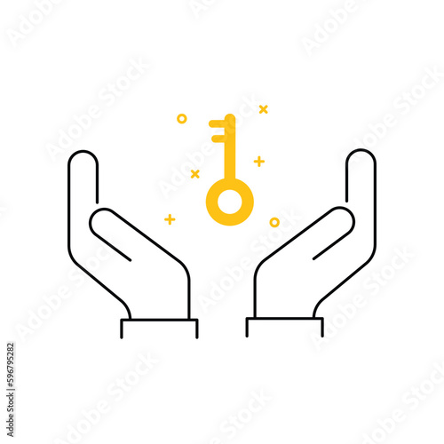 abstract two thin line hand with golden key. concept of motivation or achievement and mortgage or protection. simple outline flat style trend modern logo graphic art design isolated on white