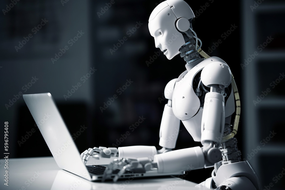 Humanoid robot working on laptop, artificial intelligence and machine learning concept with future technology. Generative AI. Humanoid robot working on laptop, artificial intelligence and machine learning concept with future technology. Generative AI.