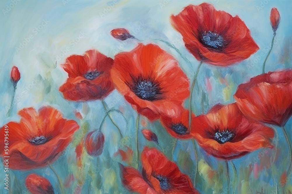 Red blooming poppies on blue background. Digital oil painting, beautiful artistic image for poster, wallpaper, art print. Generative AI. Red blooming poppies on blue background. Digital oil painting, beautiful artistic image for poster, wallpaper, art print. Generative AI.