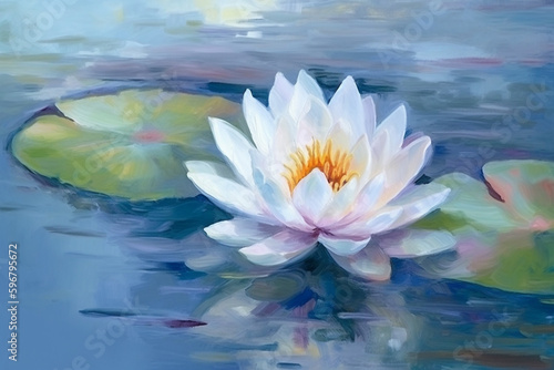 Pond with white water lily flowers. Digital oil painting, beautiful artistic image for poster, wallpaper, art print. Generative AI.