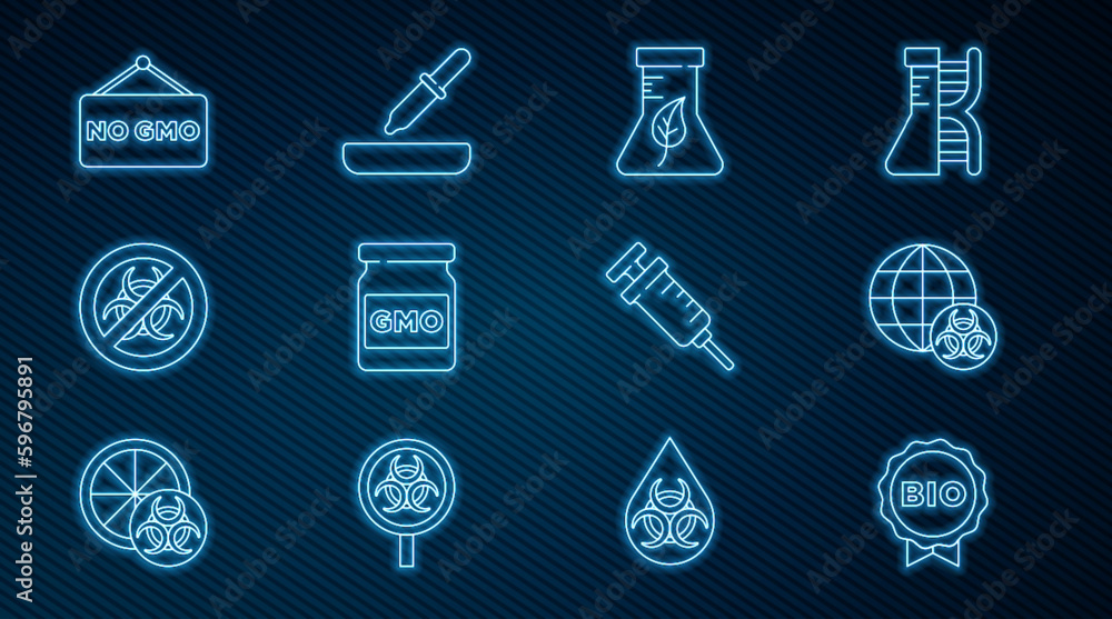 Set line Label for bio healthy food, GMO, Test tube and flask, Stop, No, Syringe and Pipette icon. Vector Set line Label for bio healthy food, GMO, Test tube and flask, Stop, No, Syringe and Pipette icon. Vector