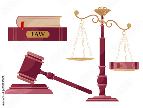 A set of illustrations of a court case. Court. Symbols of justice. Books about law, judicial gavel, weights of justice. Themis