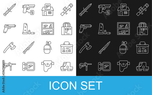 Set line Collimator sight, Military ammunition box, Buying gun pistol, Hunting shop weapon, Gun magazine and bullets, Pistol, knife and icon. Vector