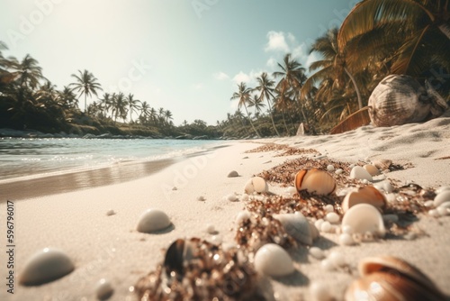 A bright beach with crystal clear water, perfect for a summer holiday. Seashells scatter on the sand and a palm tree towers over the scene. Generative AI