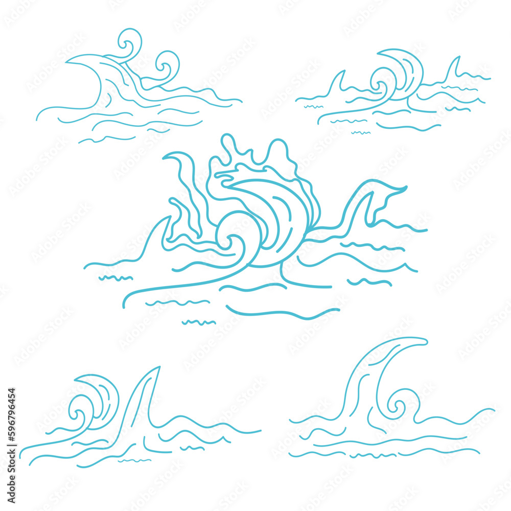 Set of wave lines,hand-drawn doodle blue wave vector, illustration design.