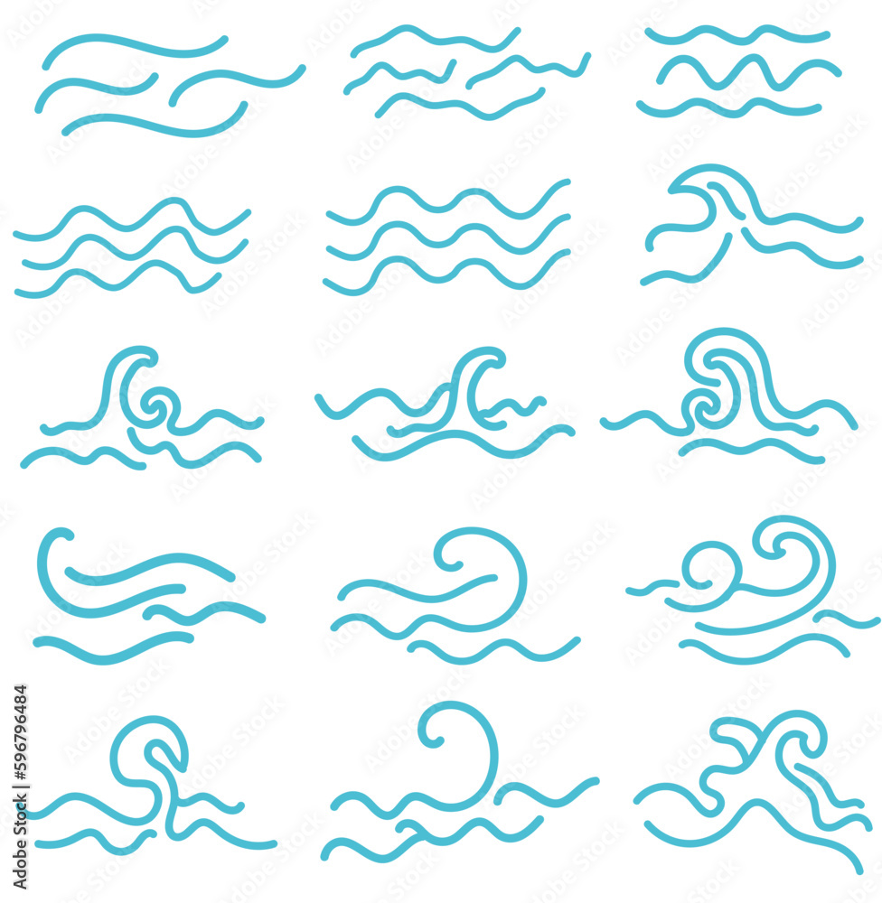 Set of wave lines,hand-drawn doodle blue wave vector, illustration design.decorative sea pattern. 