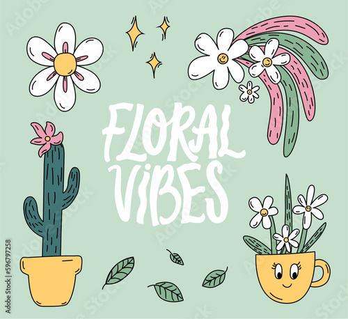 Floral vibes, inspirational retro poster, y2k trendy daisy, cactus and flowers design. Vector nostalgia sticker illustrations