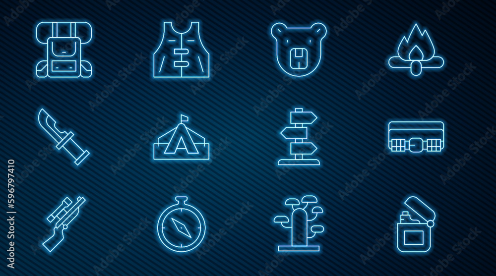 Set line Lighter, Hunting cartridge belt, Bear head, Tourist tent, Hunter knife, Hiking backpack, Road traffic sign and jacket icon. Vector Set line Lighter, Hunting cartridge belt, Bear head, Tourist tent, Hunter knife, Hiking backpack, Road traffic sign and jacket icon. Vector