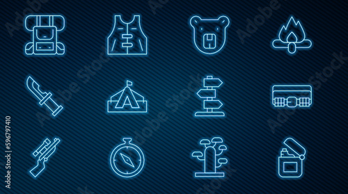Set line Lighter, Hunting cartridge belt, Bear head, Tourist tent, Hunter knife, Hiking backpack, Road traffic sign and jacket icon. Vector