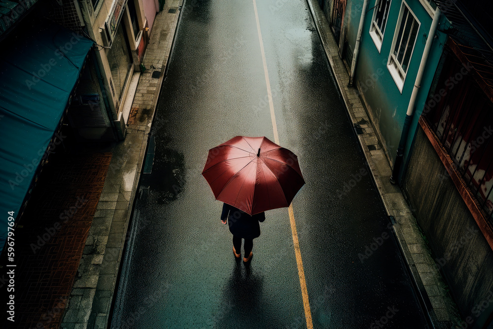 Woman holding a red umbrella and standing alone in a street on rainy day.AI generated