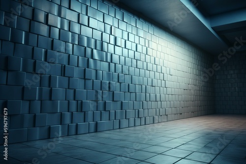Futuristic 3D tile rectangle wall with a semi-gloss concrete block background. Rendered in 3D. Generative AI © Persephone