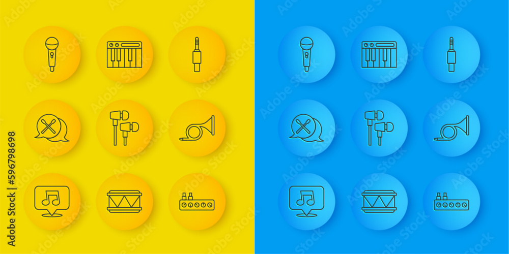 Set line Music note, tone, Drum sticks, Air headphones, Sound mixer controller, Trumpet, Microphone, Audio jack and synthesizer icon. Vector Set line Music note, tone, Drum sticks, Air headphones, Sound mixer controller, Trumpet, Microphone, Audio jack and synthesizer icon. Vector