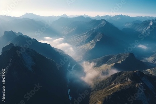 Stunning aerial view of stunning natural landscape in sky-blue hues. Generative AI