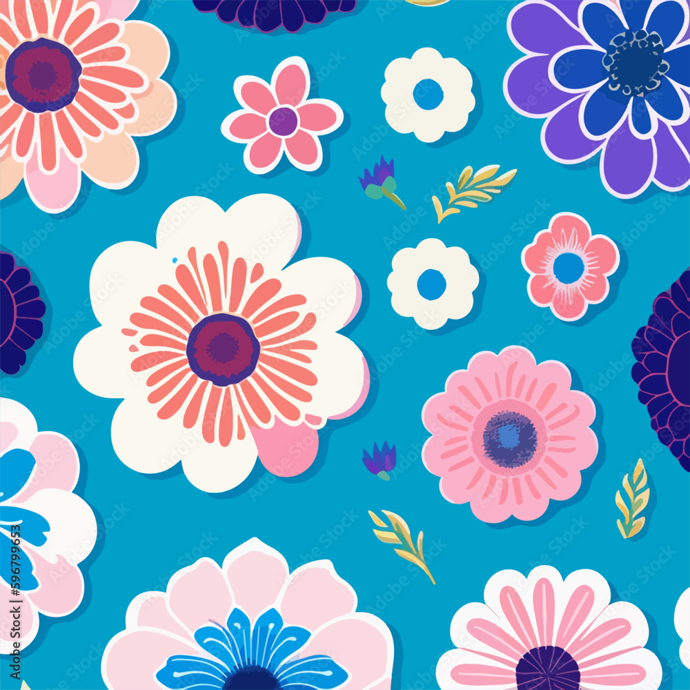 Set of flat floral stickers on a blue background. Vector illustration for print Set of flat floral stickers on a blue background. Vector illustration for print
