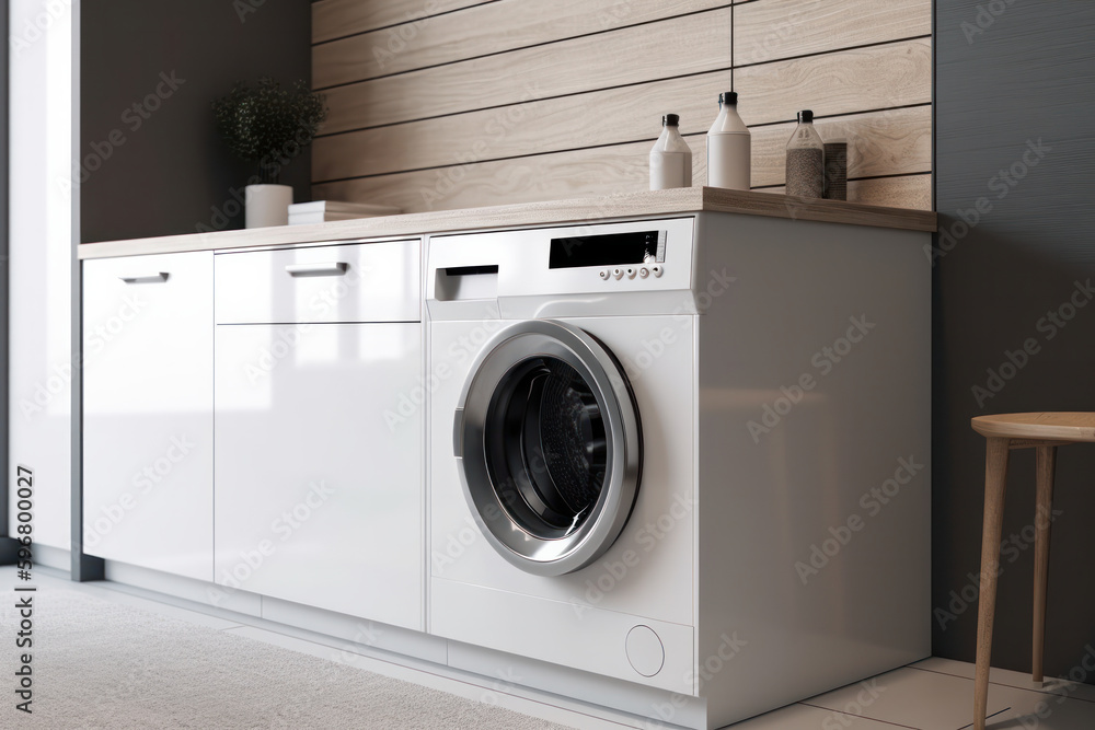Modern and efficient laundry room featuring a washer and dryer set, AI Generative. Modern and efficient laundry room featuring a washer and dryer set, AI Generative.