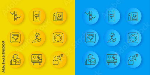 Set line Police officer, Shield, Caduceus snake medical, beat human, Hospital signboard, Security camera, Mourning photo frame and Protest icon. Vector