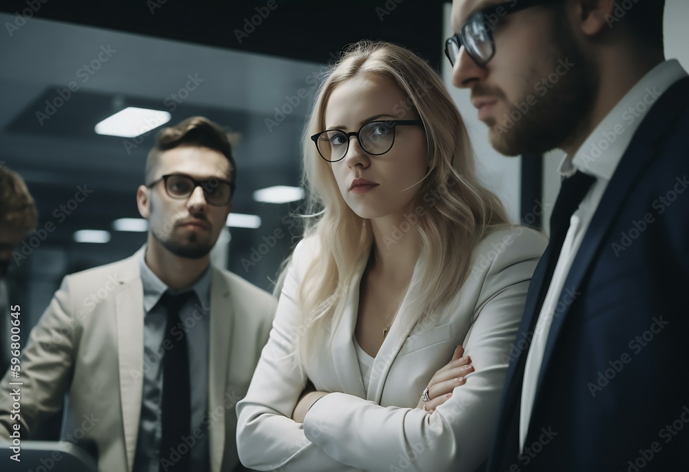 Businesspeople Colleagues men and women arguing in the office. Disagreement conflict in the office. Generative AI Businesspeople Colleagues men and women arguing in the office. Disagreement conflict in the office. Generative AI