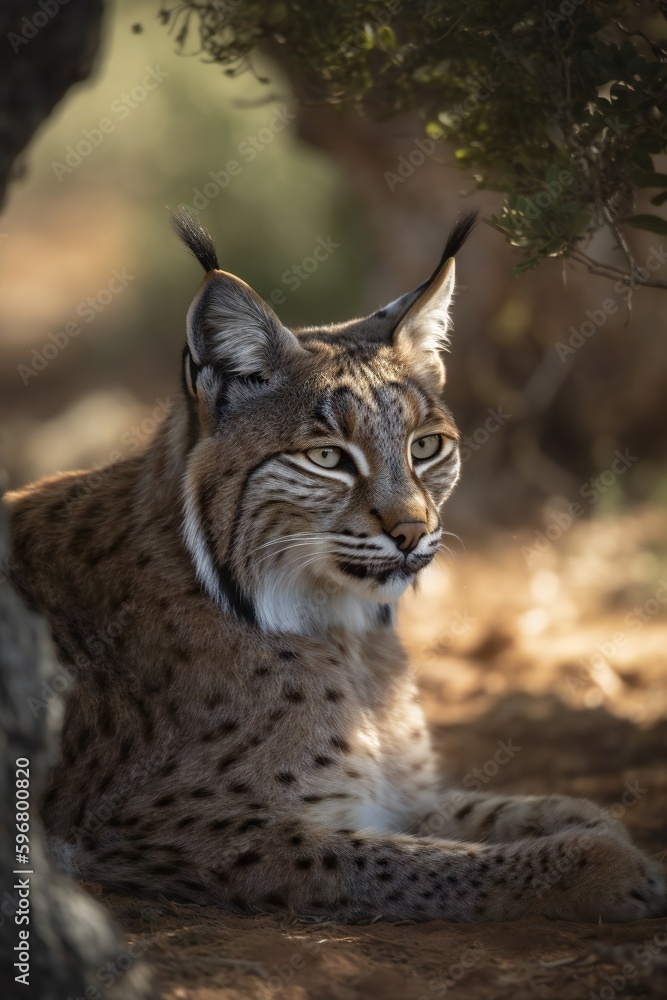 Fototapeta premium AI Generative - Discover the Elusive Beauty of Critically Endangered Iberian Lynx: Resting Under the Shade of a Watchful Tree