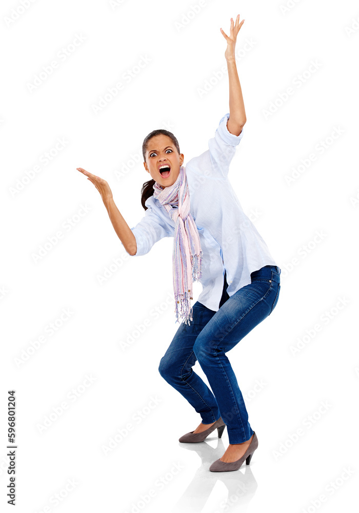 Portrait, frustration and angry shock with a woman frustrated from news. Shocked, doubt and surprise with a female model with what hands reaction with anger isolated on a transparent, png background Portrait, frustration and angry shock with a woman frustrated from news. Shocked, doubt and surprise with a female model with what hands reaction with anger isolated on a transparent, png background