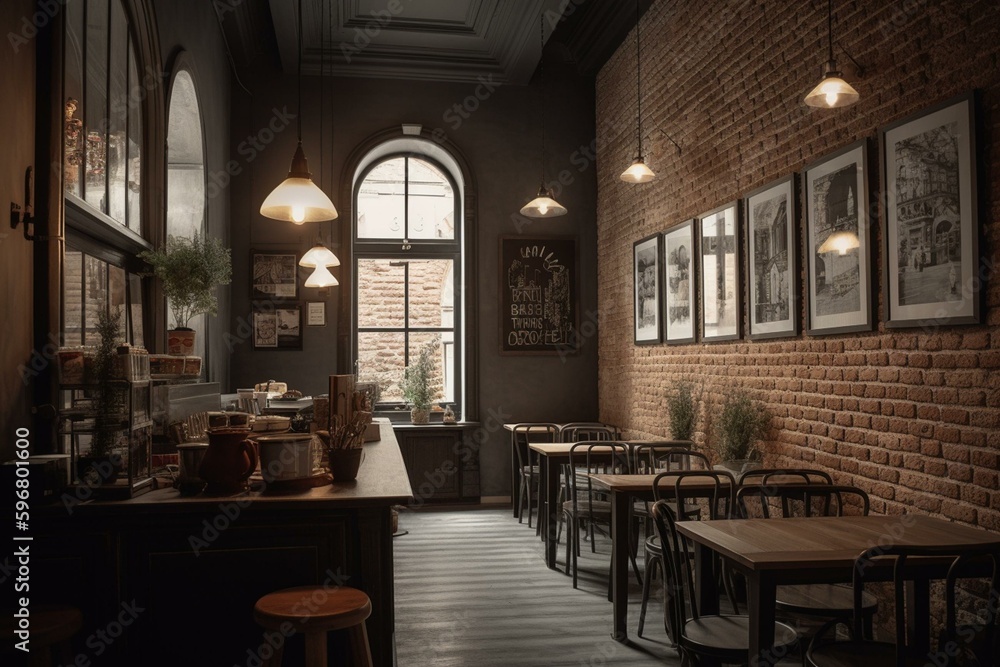 A café with brick walls in shades of grey. Generative AI