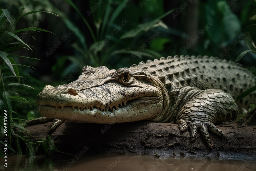 Fototapeta premium AI Generative - Rare Siamese Crocodile Witness Serene Basking in Southeast Asia