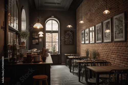 A café with brick walls in shades of grey. Generative AI
