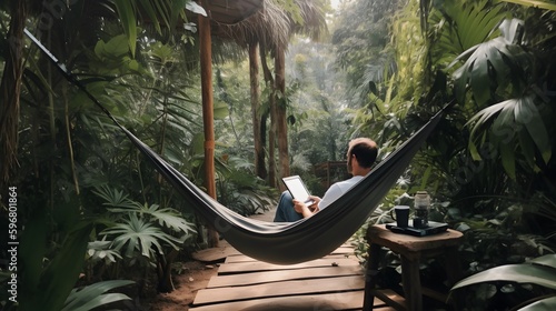 A digital nomad enjoying the freedom of working remotely with laptop while relaxing in a hammock in a lush jungle. Generative Ai.