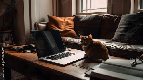 A digital nomad working place in a cozy, minimalist apartment, a cat curled up nearby. Generative Ai. © ckybe