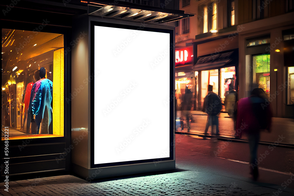 Mock-up of blank billboard at store street showcase window in a city at night. Generative ai - obrazy, fototapety, plakaty 