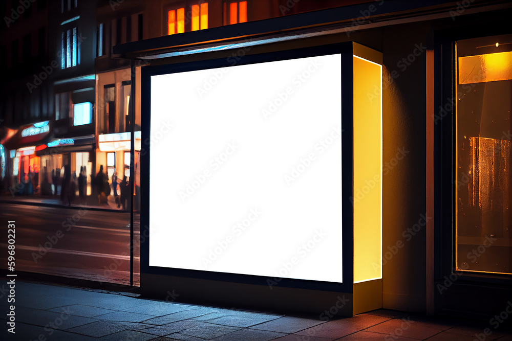 Mock-up of blank billboard at store street showcase window in a city at night. Generative ai Mock-up of blank billboard at store street showcase window in a city at night. Generative ai
